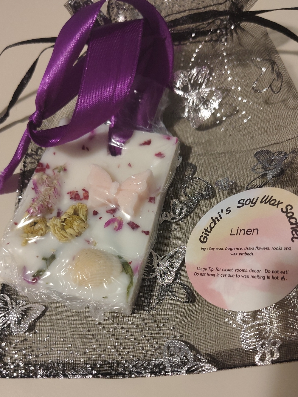 Soy Wax Sachet - Linen (White with Purple Ribbon)